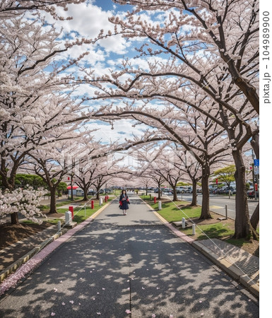 満開の桜並木を歩く女性「AI生成画像」桜が満開の季節　卒業式　入学シーズン#AI #生成画像 104989900
