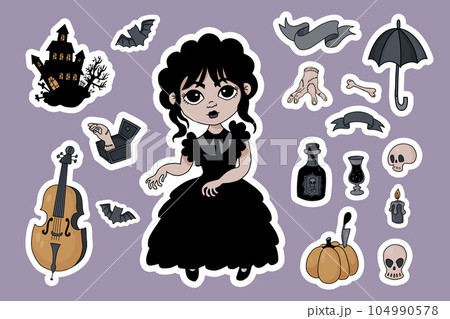Halloween cute stickers. Dancing pretty girl, creepy mystical house with bat, cello, rum, skull and crossbones, pumpkin and hand thing. Vector illustration. Isolated colored drawn for festive design 104990578