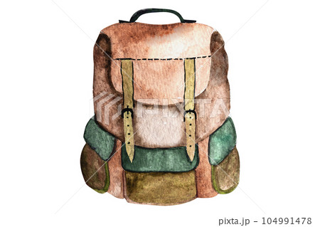 Watercolor illustration of a large backpack for hiking trips on a white background Watercolor illustration of a large backpack for hiking trips on a white background 104991478