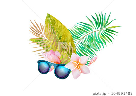 watercolor illustration of sunglasses .tropical flowers, palm tree branch, on a white background 104991485