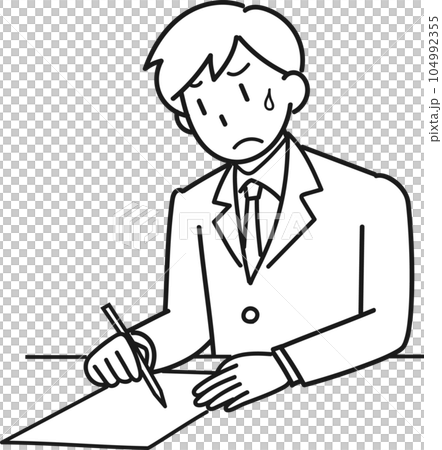 Illustration of a male student taking a test with a troubled expression 104992355