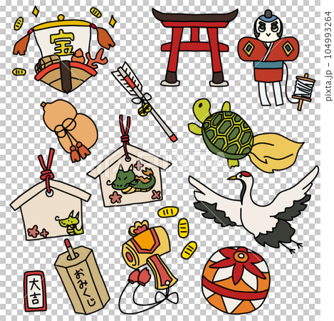 年賀状に使えるおめでたいカラーイラストセット 年賀状に使えるおめでたいカラーイラストセット 104993264