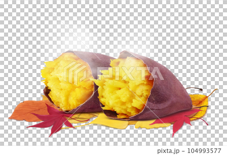 Illustration real of baked sweet potato and fallen leaves Illustration real of baked sweet potato and fallen leaves 104993577