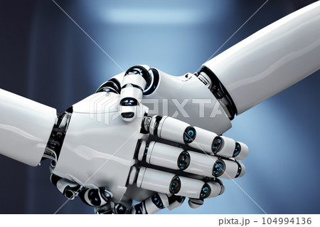 ロボット同士の握手。つながり、連携、提携、協調性、連動、相性、同意など。生成AI画像 104994136