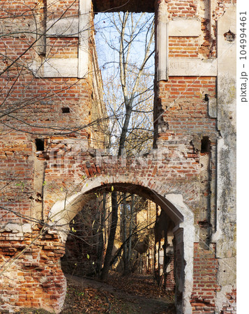 A fragment of an ancient ruined red brick wall. 104994461