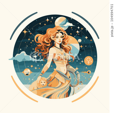 Retrograde planet Venus in Leo. Beautiful Venus girl with a lion on the background of the planets. Astrology. Vector Retrograde planet Venus in Leo. Beautiful Venus girl with a lion on the background of the planets. Astrology. Vector 104994701
