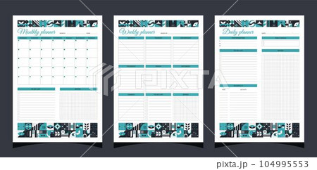 Planner set geometry. Weekly and monthly and daily planners. Planners printable template with geometric shapes. Blank white notebook page A4. Vector illustration. 104995553