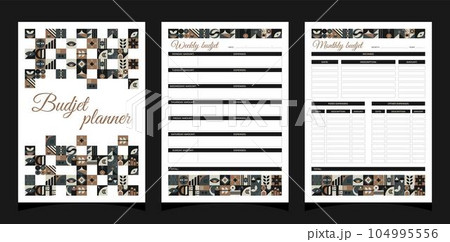 Planner weekly and monthly budjet geometric. Weekly and monthly and cover budjet planner printable template with geometric shapes. Blank white notebook page A4. Vector illustration. 104995556