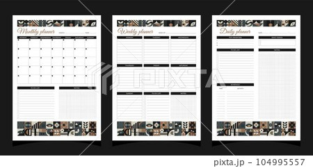 Planner set geometry. Weekly and monthly and daily planners. Planners printable template with geometric shapes. Blank white notebook page A4. Vector illustration. 104995557