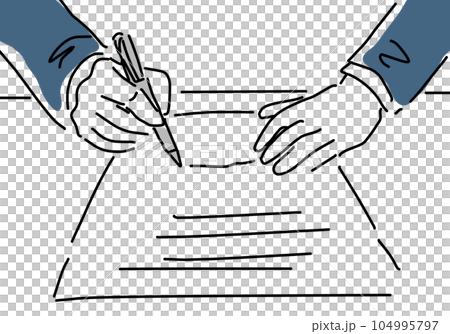 Simple line drawing illustration of a hand signing a document 104995797