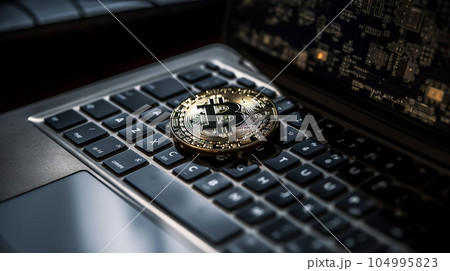 パソコンの上に置かれたビットコイン 104995823