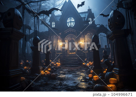 Halloween pumpkins, spooky trees and haunted house with moonlight on dark background 104996671