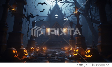 Halloween pumpkins, spooky trees and haunted house with moonlight on dark background 104996672