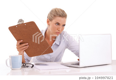 Thinking business woman, laptop or clipboard on white background for cv review or recruitment advertising. Human resources, hr or worker with technology, paper documents or isolated innovation vision Thinking business woman, laptop or clipboard on white background for cv review or recruitment advertising. Human resources, hr or worker with technology, paper documents or isolated innovation vision 104997821