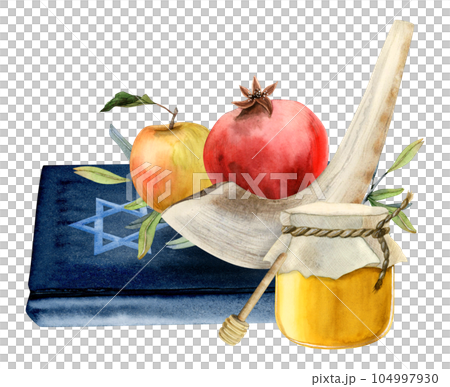 Jewish Rosh Hashanah symbols with Torah book, star of David, honey jar, pomegranate fruit and apple, shofar horn watercolor illustration isolated on white for Israel new year and yom kippur Jewish Rosh Hashanah symbols with Torah book, star of David, honey jar, pomegranate fruit and apple, shofar horn watercolor illustration isolated on white for Israel new year and yom kippur 104997930