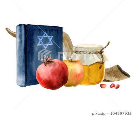 Watercolor Rosh Hashanah symbols with Torah book, star of David, honey jar, pomegranate fruit and apple, long shofar horn illustration isolated on white for Jewish new year and yom kippur 104997932