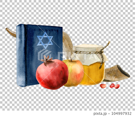 Watercolor Rosh Hashanah symbols with Torah book, star of David, honey jar, pomegranate fruit and apple, long shofar horn illustration isolated on white for Jewish new year and yom kippur 104997932