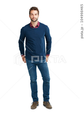 Man, casual fashion and portrait of a model standing with cool look and smile. White background, isolated and person in a studio with mock up space alone looking positive and relax with style 104998465