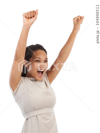 Business, celebration and excited black woman with arms up and white background mockup. Wow, win and celebrate, happy winning woman with smile, empowerment and happiness, celebrating deal success. Business, celebration and excited black woman with arms up and white background mockup. Wow, win and celebrate, happy winning woman with smile, empowerment and happiness, celebrating deal success. 104998511