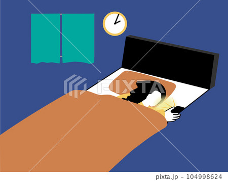 深夜に寝れない女性がスマートフォンを見ているイラスト 104998624