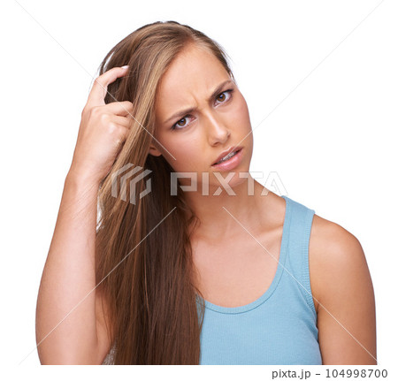 Confused, doubt and portrait of woman with question scratching head for problem, decision or fail. Anxiety, stress and puzzled model with confusion on face at isolated white background. 104998700