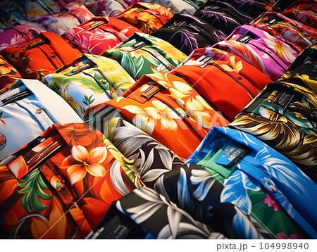 いろいろなアロハシャツがきれいに並ぶ露店の光景 いろいろなアロハシャツがきれいに並ぶ露店の光景 104998940