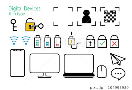 デジタル機器に関係するアイコンのイラストセット（罫線ほそめ） 104998980
