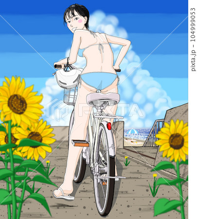 自転車に乗っているビキニ水着の女の子28　ヘルメット左 104999053