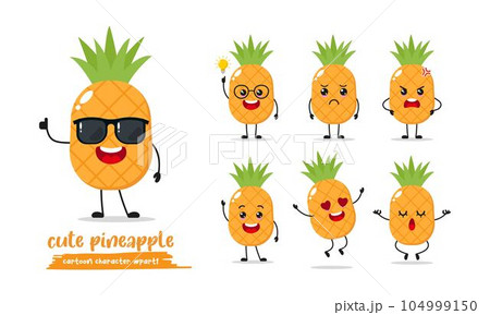 Cute yellow happy pineapple wear sunglasses character. Funny fruit emoticon in flat style. Different Face Expression Emoji vector illustration. Cute yellow happy pineapple wear sunglasses character. Funny fruit emoticon in flat style. Different Face Expression Emoji vector illustration. 104999150