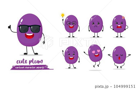 Cute purple happy plum wear sunglasses character. Funny fruit emoticon in flat style. Different Face Expression Emoji vector illustration. Healthy fruit food. Cute purple happy plum wear sunglasses character. Funny fruit emoticon in flat style. Different Face Expression Emoji vector illustration. Healthy fruit food. 104999151