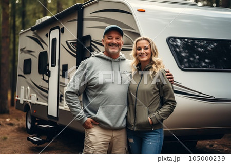 Caucasian middle-aged couple smiling looking at camera on the background of their trailer. 105000239