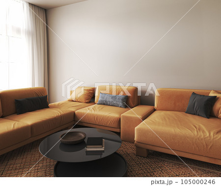 Home mockup picture frame. Beige livingroom interior design with natural orange furniture. Scandi boho style interior background. 3d render. High quality 3d illustration 105000246