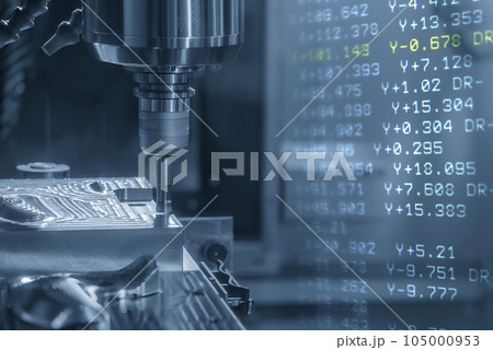 Abstract  scene  the CNC milling machine rough cutting the injection mold parts and G-code data background. 105000953