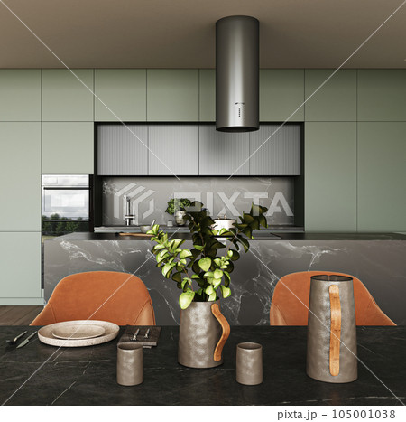 Kitchen in new luxury home with black marble island and hardwood floors. Dark green cabinets. Dining area with large table and decorative dishes. 3d rendering closeup. High quality 3d illustration 105001038