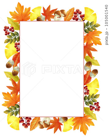 秋の紅葉の色鉛筆画フレーム素材　縦長 105001540