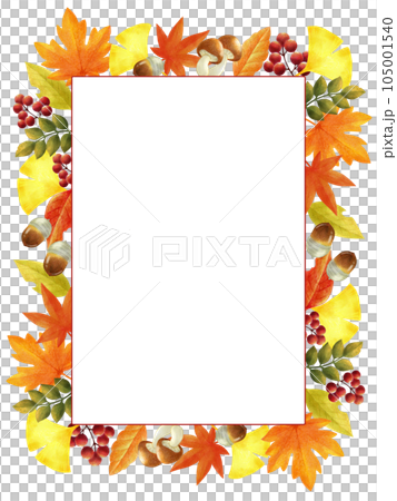 秋の紅葉の色鉛筆画フレーム素材　縦長 105001540