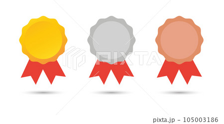 Gold, silver, and bronze medal with stars. Trophy with red ribbon. Suitable for design elements of award medals, best prize badges, and winner sign Gold, silver, and bronze medal with stars. Trophy with red ribbon. Suitable for design elements of award medals, best prize badges, and winner sign 105003186