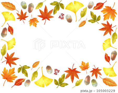 秋の紅葉の色鉛筆画フレーム素材　横長 105003229