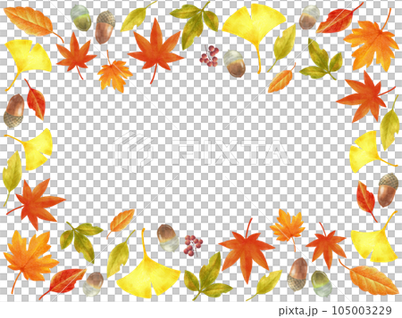秋の紅葉の色鉛筆画フレーム素材　横長 105003229