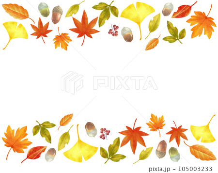 秋の紅葉の色鉛筆画フレーム素材　横長 105003233