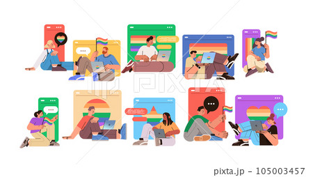 people with lgbt rainbow flags chatting in social media networks gay lesbian parade pride festival transgender love concept people with lgbt rainbow flags chatting in social media networks gay lesbian parade pride festival transgender love concept 105003457