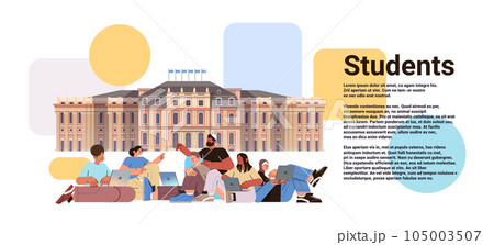 mix race students using laptops and discussing during meeting near university building science and education concept mix race students using laptops and discussing during meeting near university building science and education concept 105003507