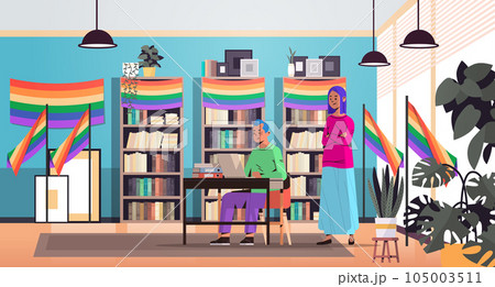 couple in colorful clothes working in office lgbt rainbow flag transgender love generation Z concept horizontal 105003511