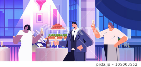 mix race people drinking champagne and having fun at corporate party event men women in formal wear having fun 105003552