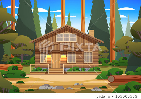 wooden holiday house in forest cottage among trees suburban real estate concept horizontal 105003559