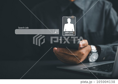 A man holding smart phone with find a job on screen, job search concept, man browsing work opportunities online using job search bar mobile app. find your career, man looking at online website A man holding smart phone with find a job on screen, job search concept, man browsing work opportunities online using job search bar mobile app. find your career, man looking at online website 105004138