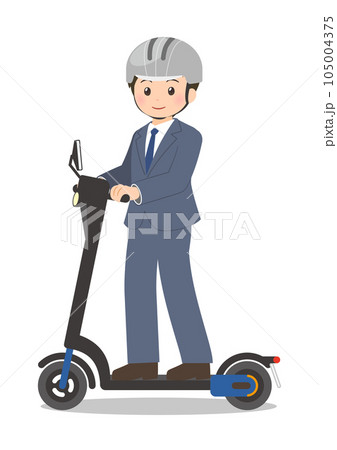 ヘルメットを着用して電動キックボードに乗るスーツの男性 105004375