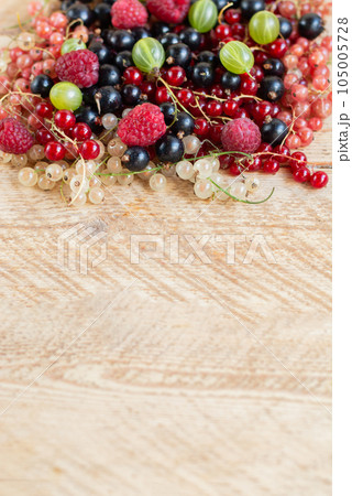 Vitamins. Summer berries. Mix of ripe organic Red, black, rose currant and gooseberry background. Close up, selective focus. Harvest Concept Copy space Vitamins. Summer berries. Mix of ripe organic Red, black, rose currant and gooseberry background. Close up, selective focus. Harvest Concept Copy space 105005728