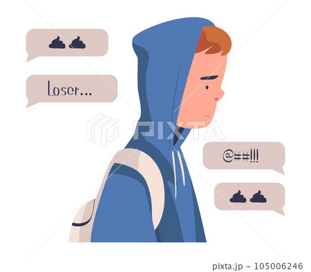 Teen Boy Victim of Cyberbullying Suffering from Violence and Hatred from Social Media Vector Illustration 105006246