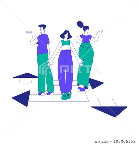 Young Man and Woman at the Crossroads Think of Direction to Go Vector Illustration 105006358